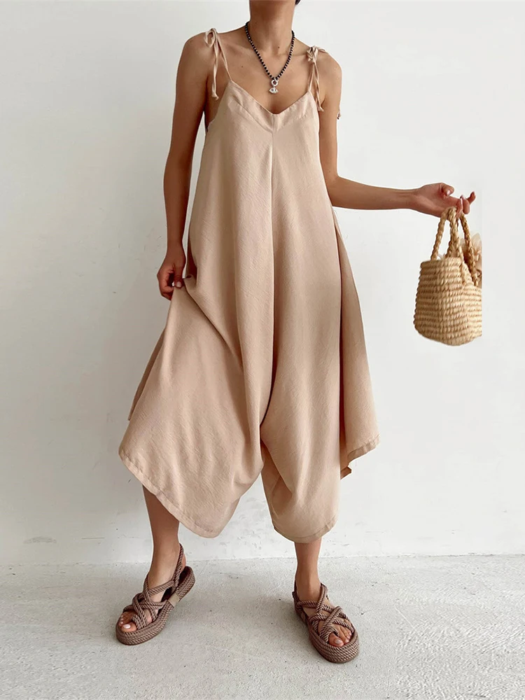 

Women Sexy V-neck Sleeveless Jumpsuit Fashion Straps Lace-up Backless Loose Playsuits Summer Casual Wide Leg Pants Solid Romper