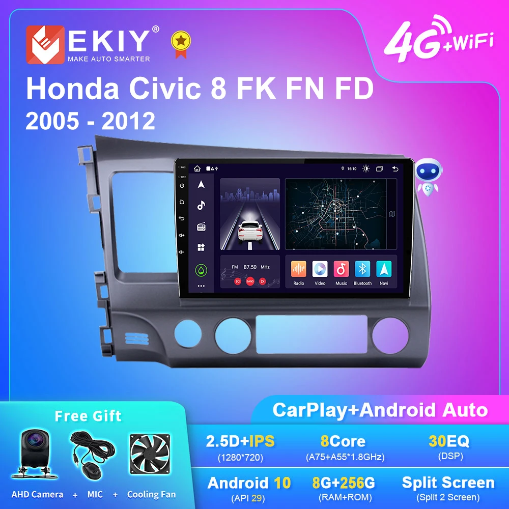 EKIY X7 Android 10 Car Radio For Honda Civic 8 FK FN FD 2005 - 2012 Navi GPS 1280*720 IPS Carplay Multimedia Player NO 2DIN DVD