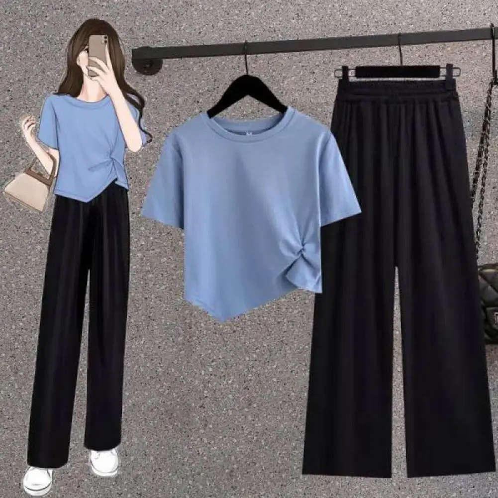 

2Pcs/Set Women Pant Sets Casual Irregular Hem Tee Tops Wide Leg Pants Sets Sportwear Tracksuit Female conjuntos de pantalón