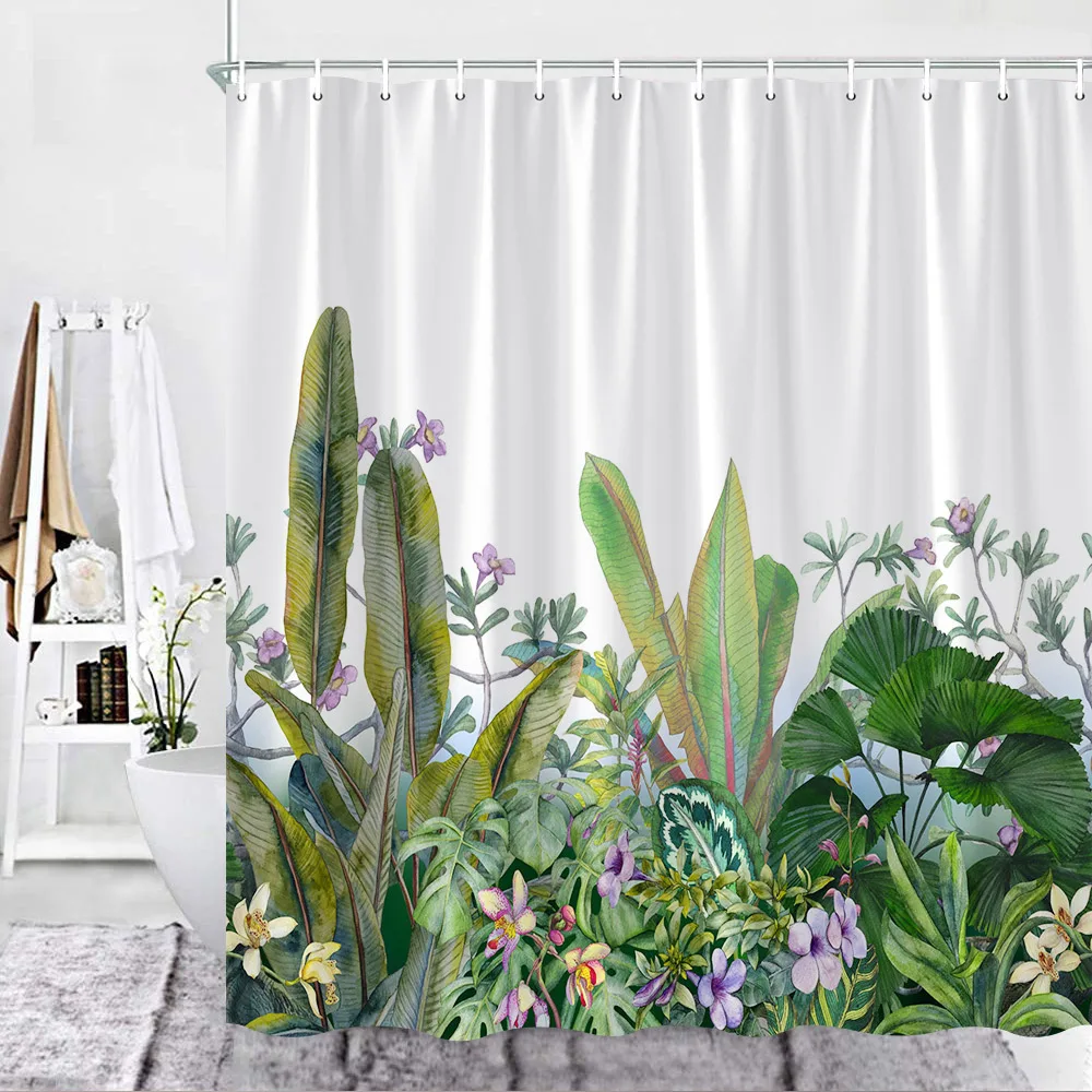 

Занавеска для душа в скандинавском стиле с тропическими растениями, занавеска на ладонь с крючками для ванной комнаты, домашний декор, экра...