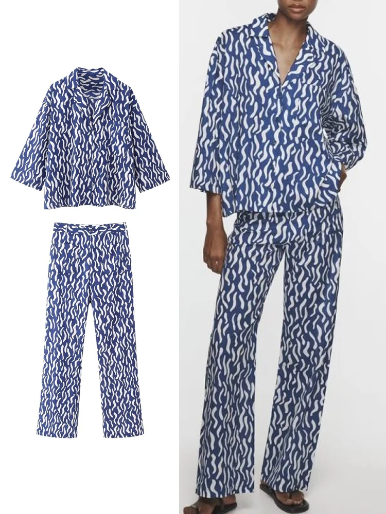 

TRAF Women Fashion Print Loose Blouse New Long Sleeve Turn Down Collar Shirt Female Casual Tops+Elegant Wide Leg Pants Sets