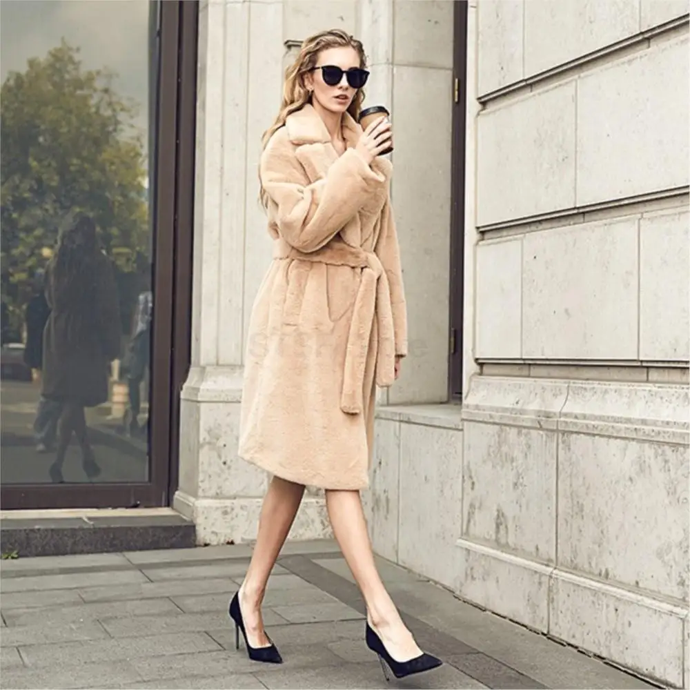 New Winter Fashion Warm Long Real Fur Women Coat Coat v-neck Long Sleeve Leisure Fur Windbreaker Pure Color Bondage Fur Coat