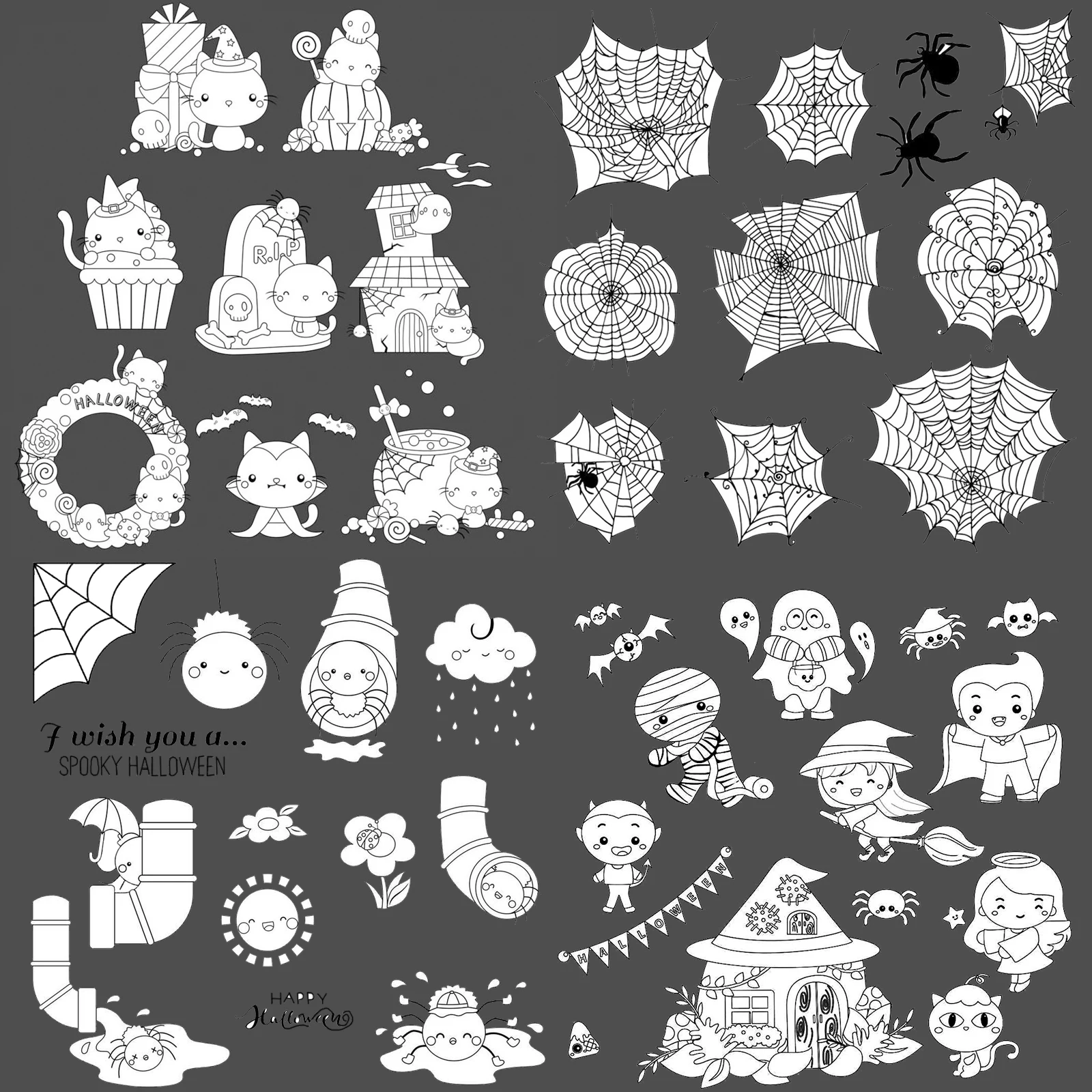 Прозрачные штампы и Вырубные в виде кошек пауков на Хэллоуин 2022 для скрапбукинга