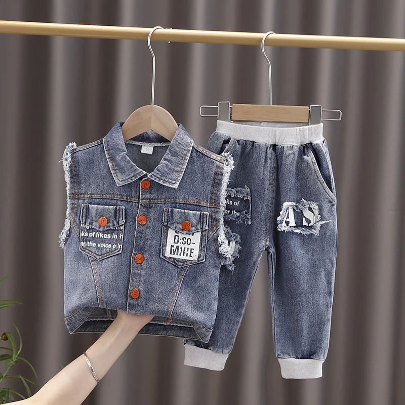 

New Spring Autumn Boys Girls Cool Clothes Baby Denim 2pcs/sets Letter Vest+Pants Toddler Kids Fashion Casual Clothing Suit