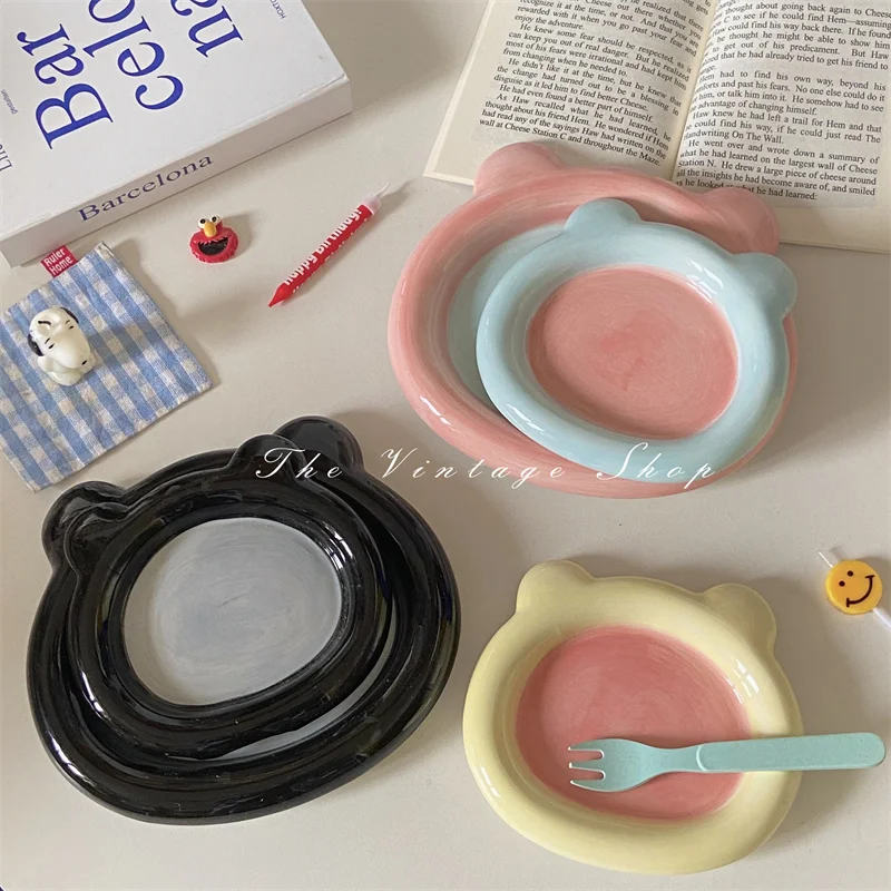 

Cute Cartoon Bear Head Fat Ceramic Plate Household Fruit Salad Plate Flower Breakfast Plate Contrast Color