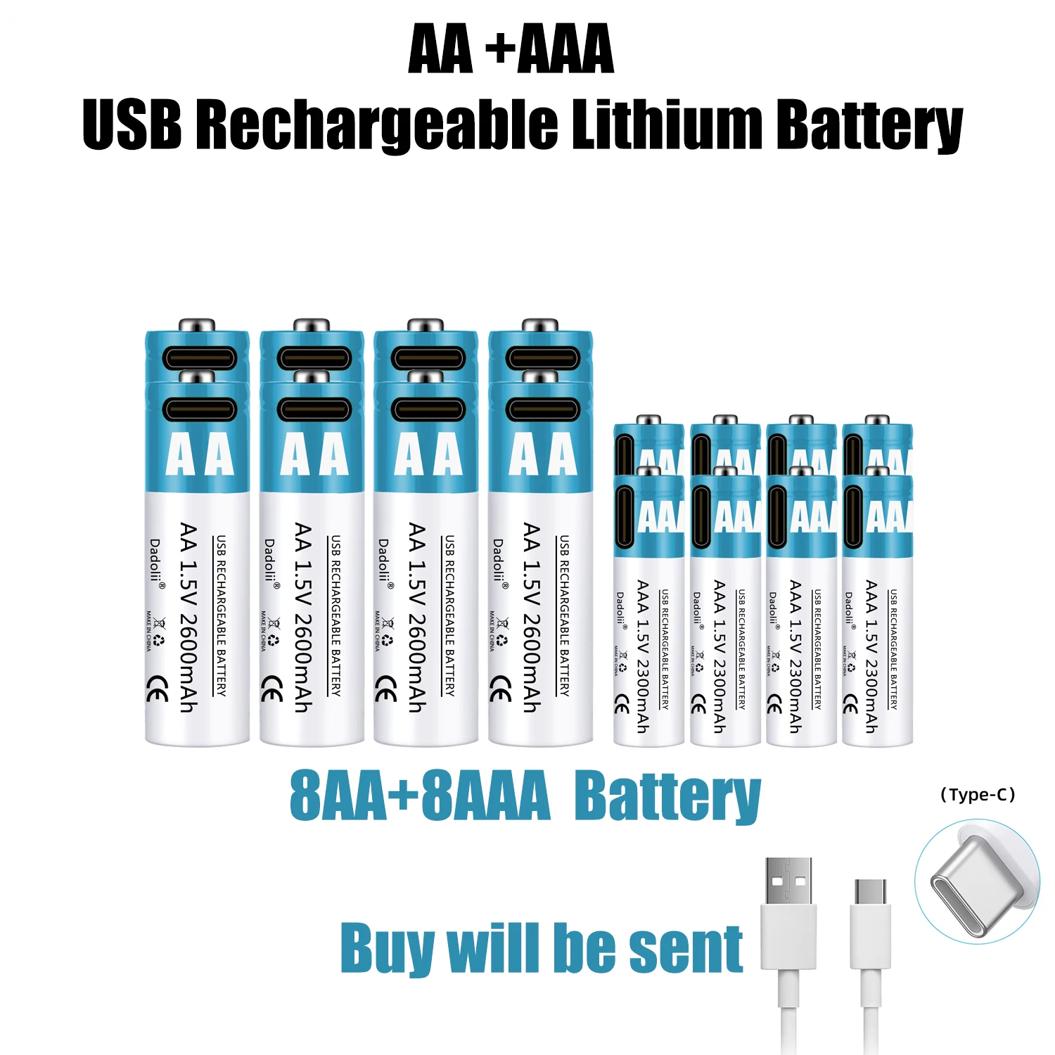 

2024 High Capacity 1.5V AA2600mAh USB Rechargeable Li-ion Battery for Remote Control Mouse Small Fan Electric Toy Battery Cable