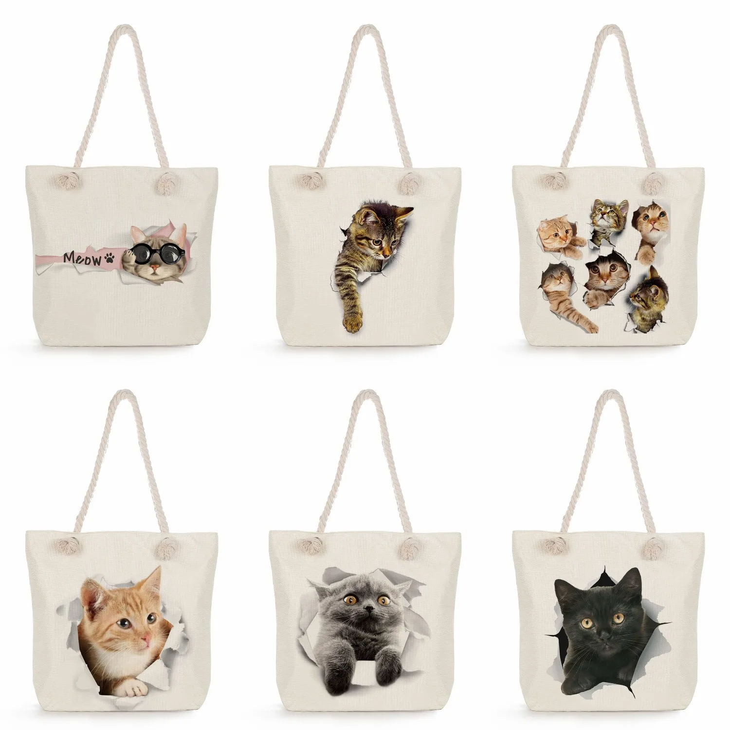 

Cartoon Broken Wall Cat Print Storage Handbags Fabric Shoulder Bag Eco Reusable Women Shopping Bag Grocery Tote Bags Polyester