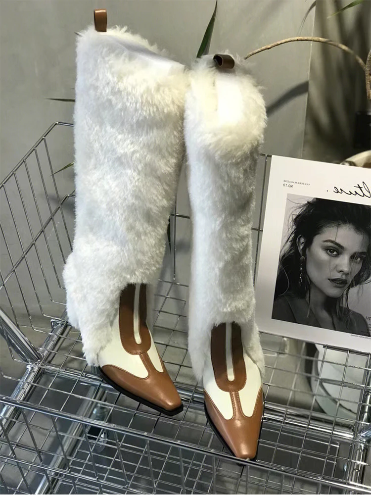 New square toe chunky heel long tube knee-length wool boots high heel knee high warm slip-on boots for women