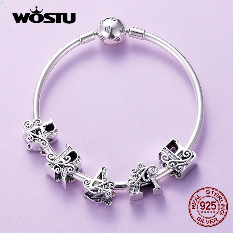 Женский браслет WOSTU из стерлингового серебра 925 пробы с 26 буквами сверкающие