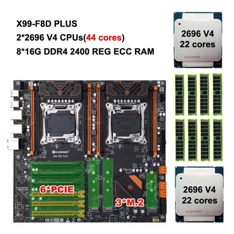 Новая материнская плата HUANANZHI X99-F8D PLUS с 6 * PCIE 3 * M.2 SSD слот 10 * SATA3.0 CPU 2*2696 V4 44 ядра 8*16G DDR4 2400 МГц RECC RAM
