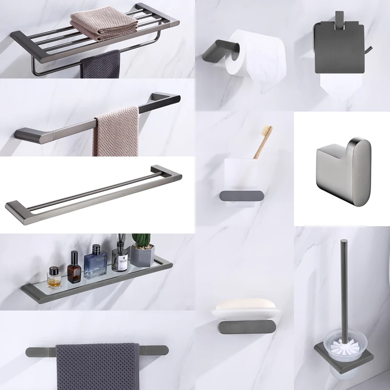 

Grey Color Bathroom Hardware 304 Stainless Steel Towel Rack Tissue Paper Holder Glass Soap Holder Towel Bar Toilet Accessories