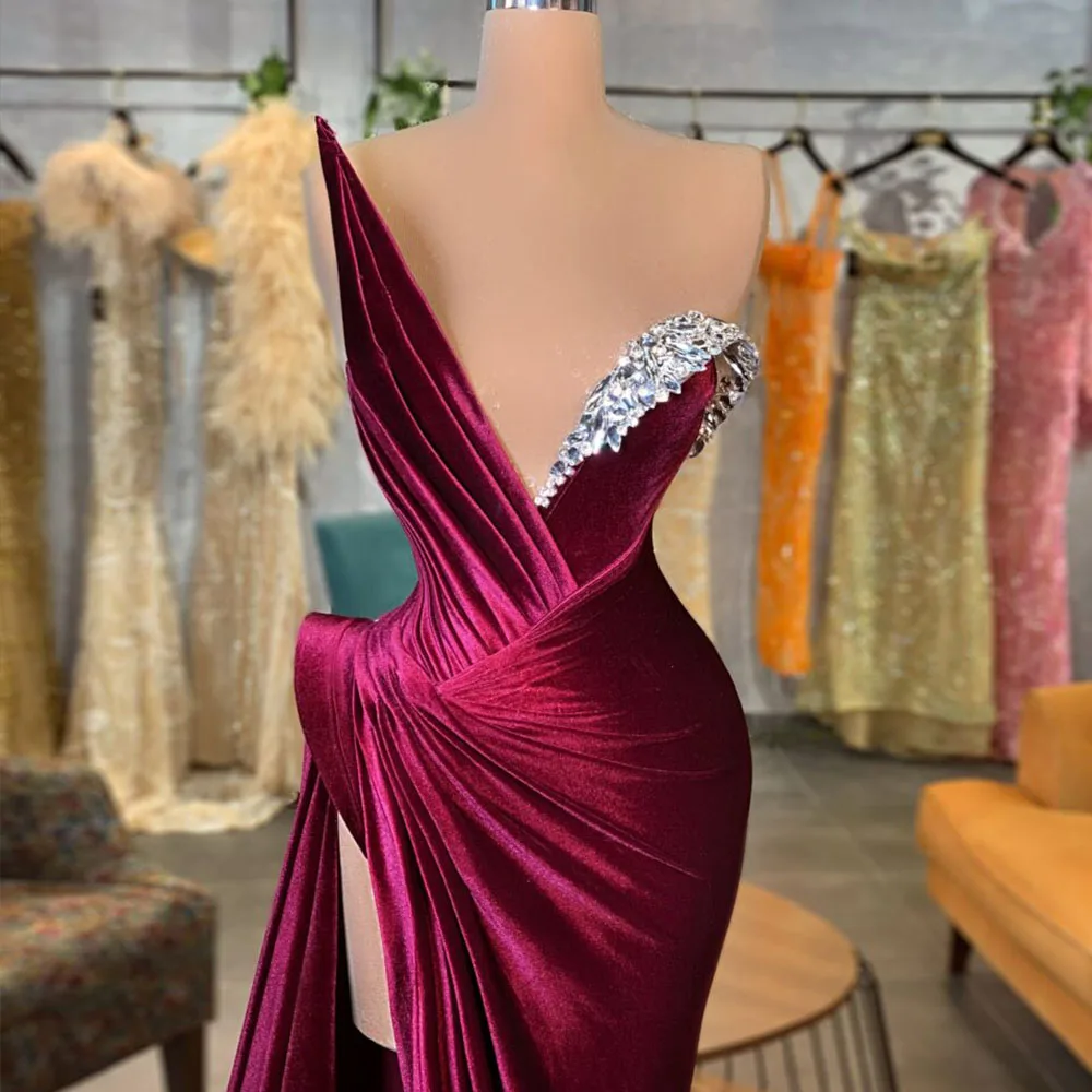 

High Quality Evening Dress V-Neck Sleeveless Zipper Prom Dress Crystal Side Split Sweep Train Trumpet Velour Robes De Soirée
