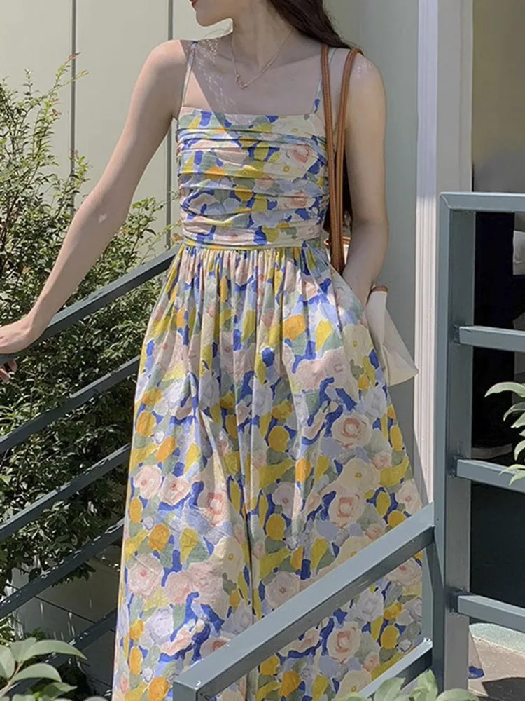 

New Summer Floral Print Square Neck Straps Sleeveless Empire Waist Women Sweet Beach Sundress Backless Midi Slip Dress