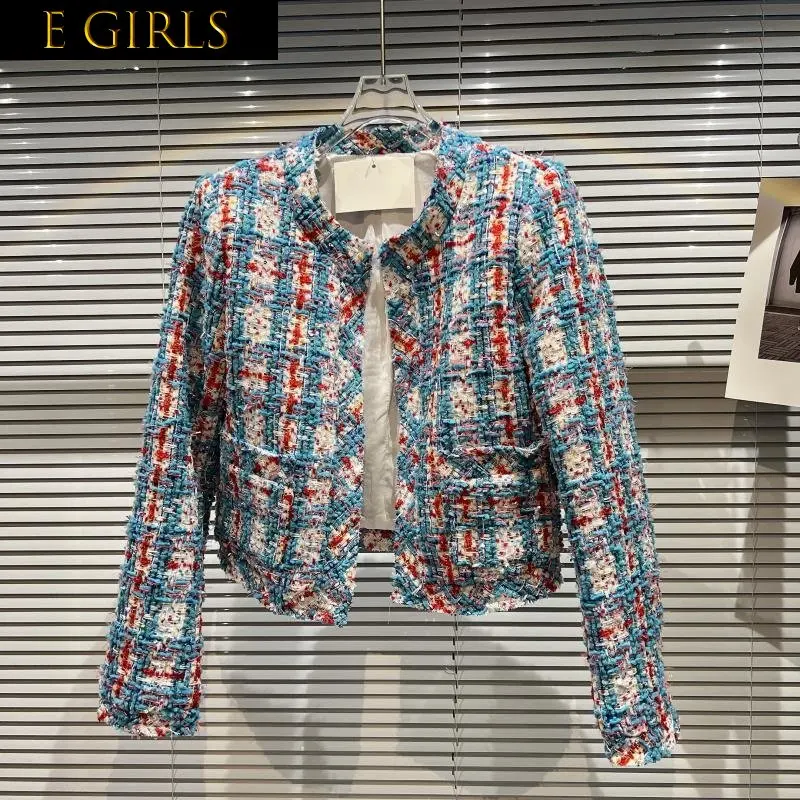 

J GIRLS 2022 Autumn New Arrivals Long Sleeve Stand Collar Blue Plaid Tweed Short Jacket Women Coat GG235