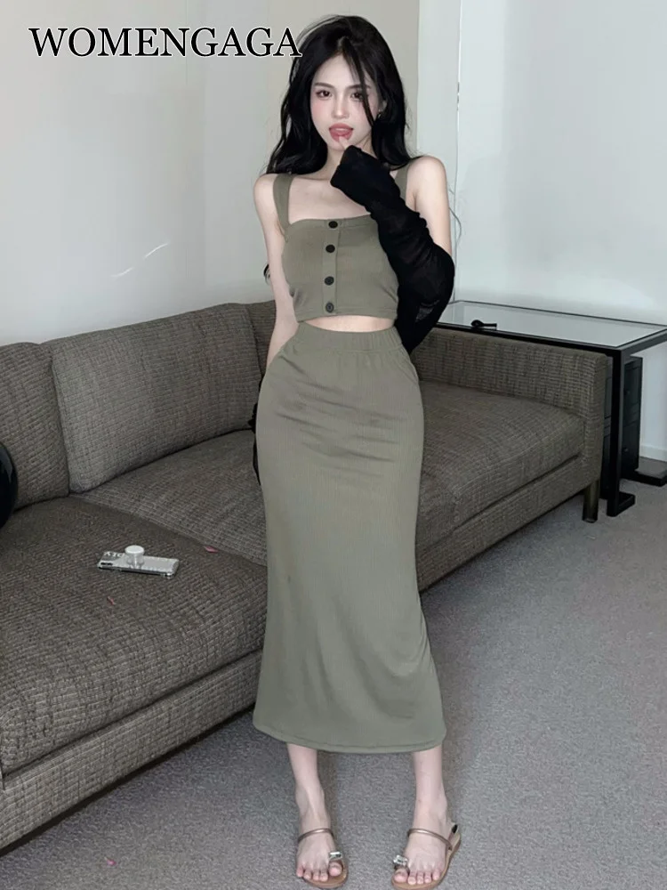

Sweet Street Spice Girl Thin Split Black Button Green Two-piece Vest Tank Maxi Long Dress Sweet Casual Women Korean Z8LP