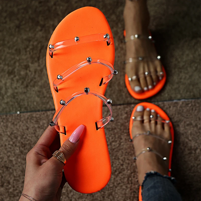 

Women Rivet Transparent Slipper Woman Open Toe Flats Summer Women's Fashion Slides Plus Size Female Beach Shoes Ladies Footwear