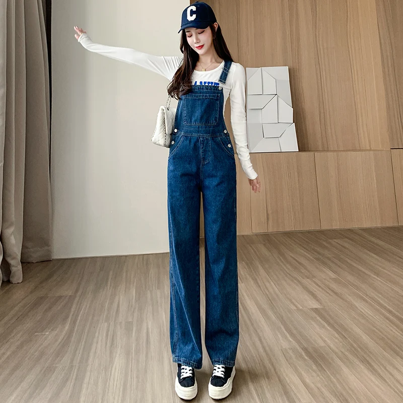 Denim strap pants women's pants versatile for commuting leisure and all-season wear retro blue loose dad pants wide leg pants