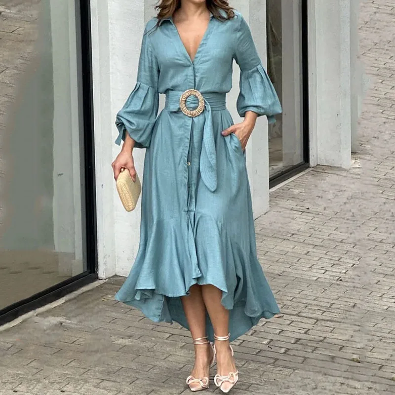 

Elegant Party Dresses for Women 2023 Summer New Fashion Casual Full Sleeve V-Neck Lapel Lantern Sleeve Pocket Long Dress
