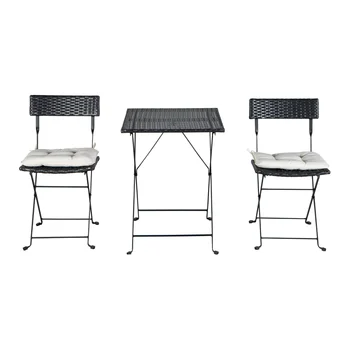 Patio Black PE Wicker Folding Bistro Set One Table With Two Chairs And Two Beige Cushion Outdoor Patio Furniture Set