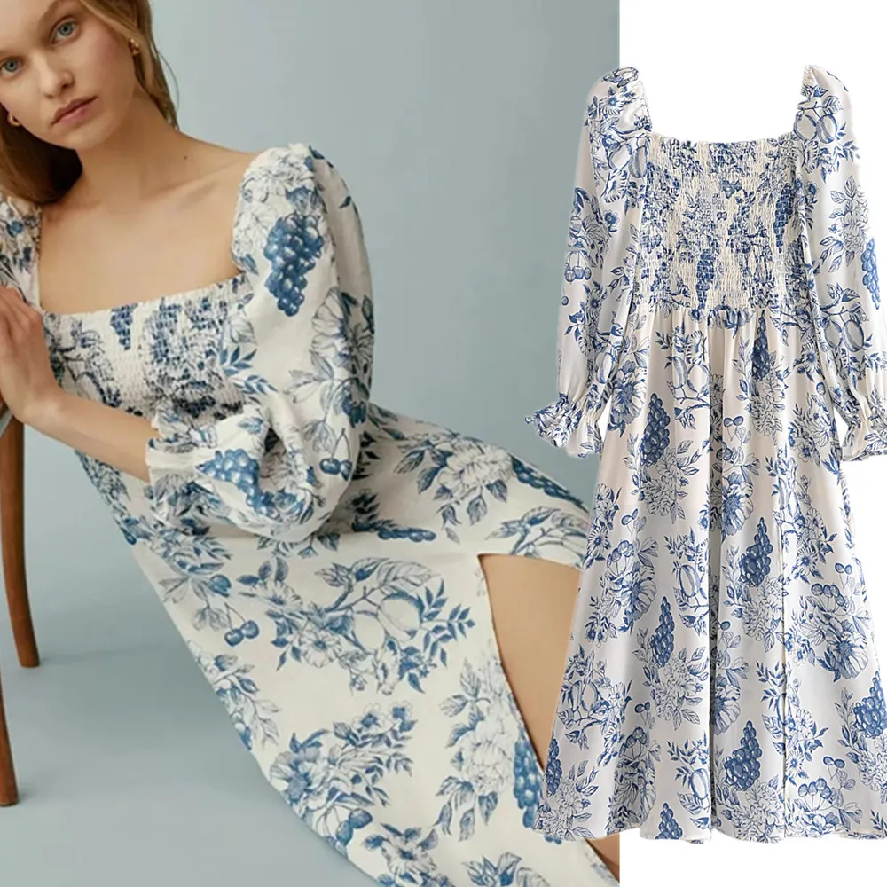 

Withered France Style Indie Folk Retro Floral Print Square Collar Collect Bust Holiday Beach Casual Fashion Summer Dress