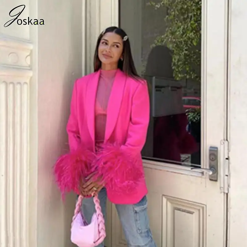 

Joskaa Fashion Feather Patchwork Long Sleeve Single Button Straight Suit Coat Women Fall 2023 Casual Streetwear Blazer Jeackets