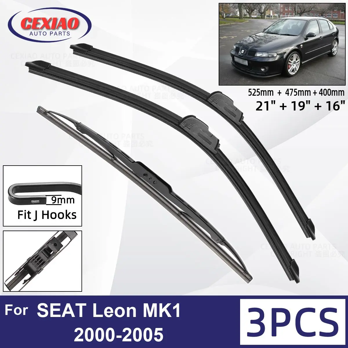 

For SEAT Leon MK1 2000-2005 Car Front Rear Wiper Blades Soft Rubber Windscreen Wipers Auto Windshield 21"+19"+16" 2002 2003 2004