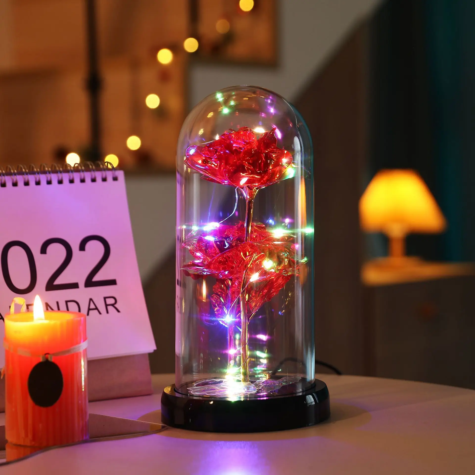 

Artificial Flowers Rose Flower LED Light Creative Valentine's Day Mother's Gift Gold Foil Flower in Glass For Wedding Home Decor