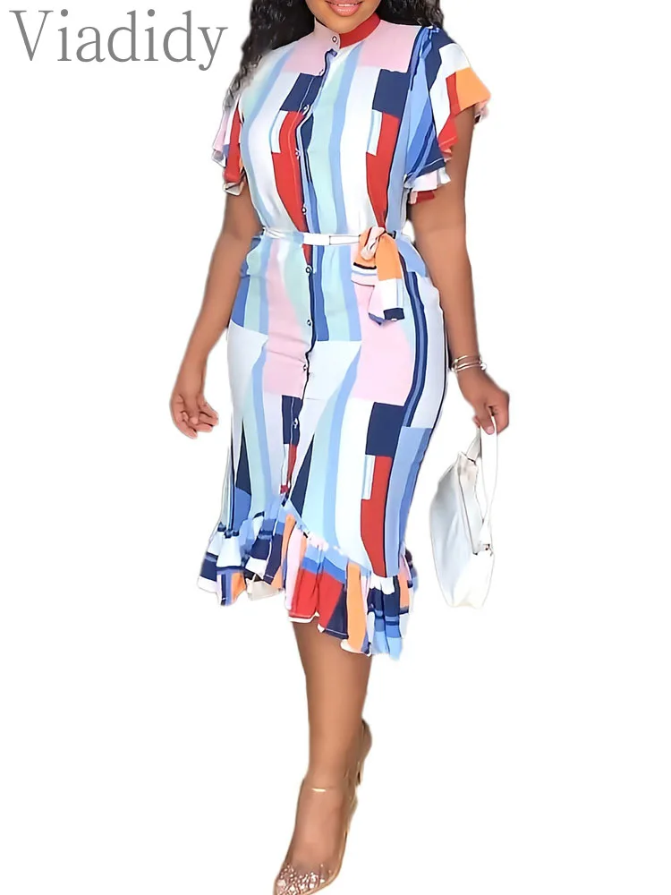 

Half High Collar Print Short Sleeve Bottoned Ruffles Dress With Belt