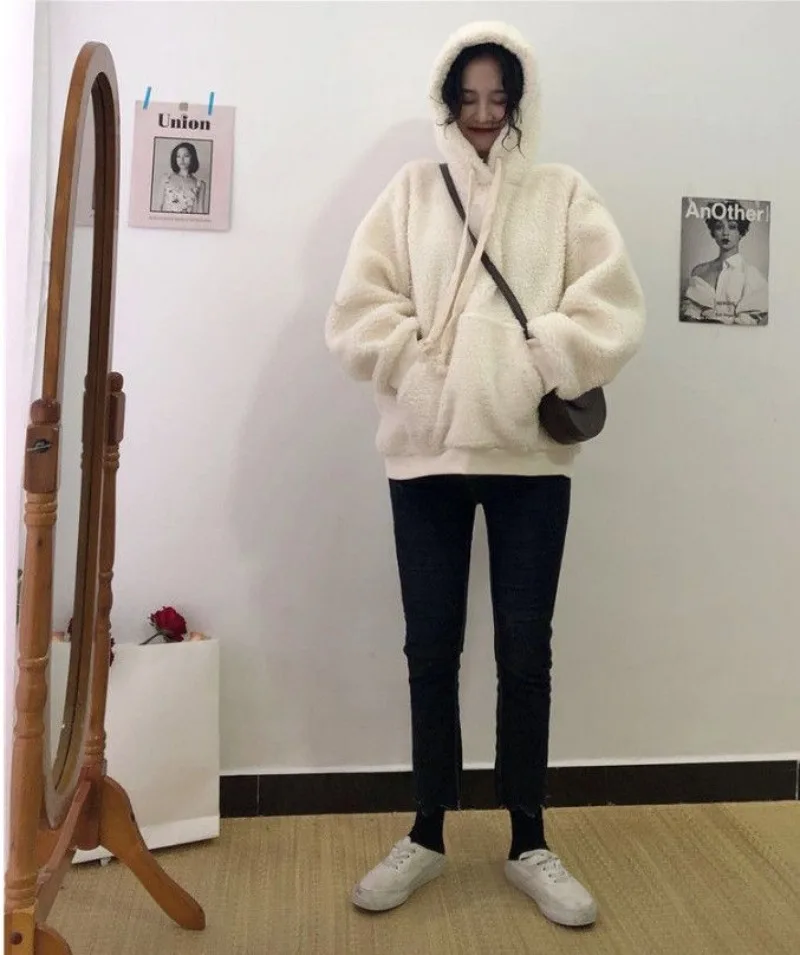 Harajuku флисовые Sudaderas Mujer однотонные женские толстовки из овечьей шерсти большого