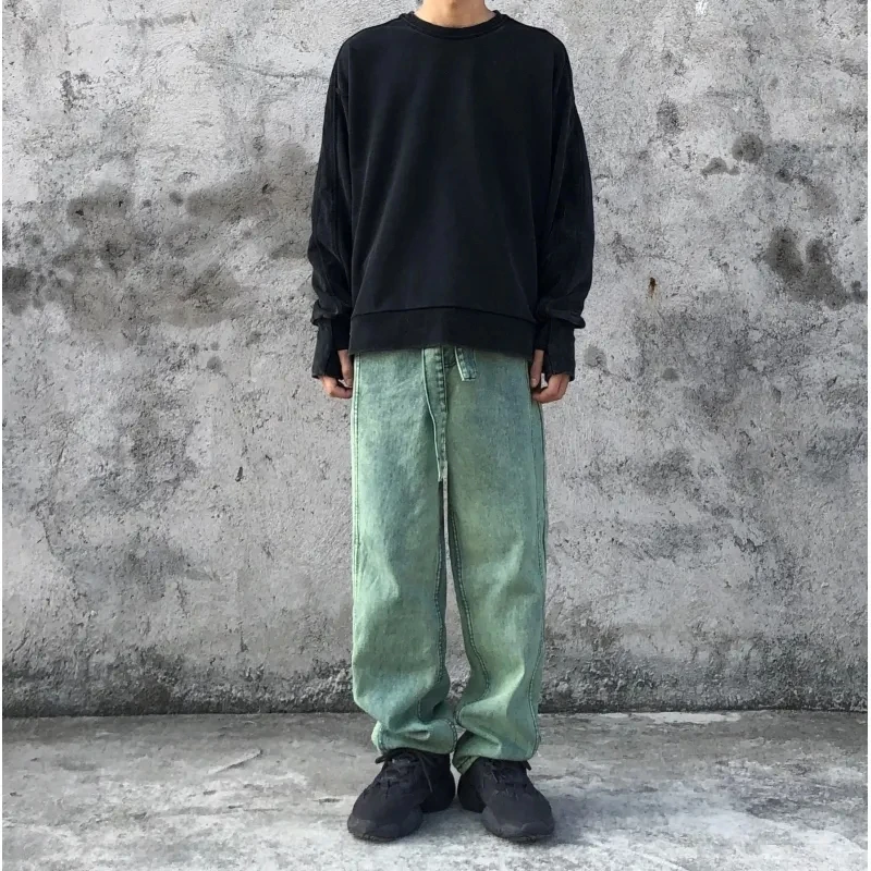 Men Trendy Straight Jeans Green Streetwear Hip-hop Skateboarding Retro Casual Wide Legs Youth Male Harajuku Style Denim Pants