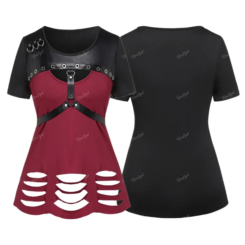 

ROSEGAL Plus Size Gothic T-Shirt Grommet PU Leather Straps Ripped Short Sleeve Tops For Women Casual Colorblock Tees