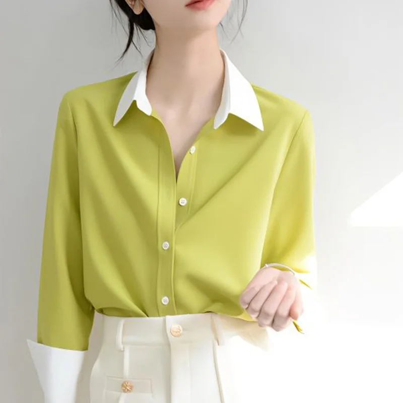 

2023 New Spring Young Style Buttons Solid Color Turn-down Collar Long Sleeve Blouse Ladies Simplicity Patchwork Thin Shirts Tops