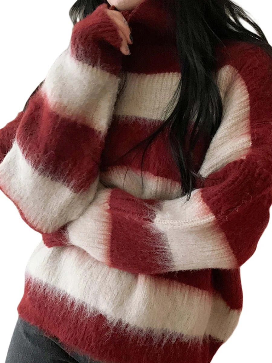 

Women Autumn Winter Sweater, Long Sleeve High Neck Knitting Striped Casual Party Street Pullover Tops,Black/Red, S-M-L