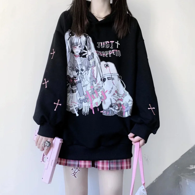 

Harajuku Kawaii Print White Hoodie Sweatshirts Autumn Thicked Warm Long Sleeve Sweatshirt Y2k Grunge Mid-length Tops Women