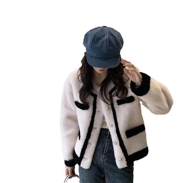 24 осень/зима новое маленькое ароматное пальто из овечьего меха с круглым вырезом