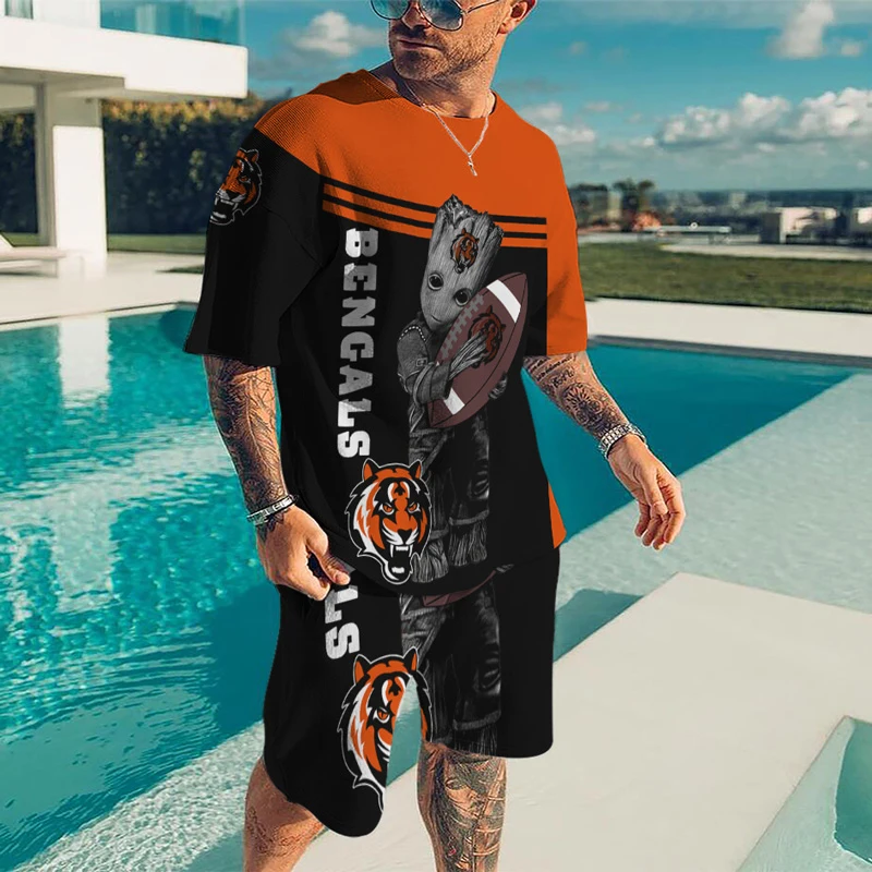 

2022 Summer Trend Men's Suit Casual Beach Shorts Suit Sea View 3D Groot Printing Short Suit Ordinary O-neck T-shirt 2-piece set