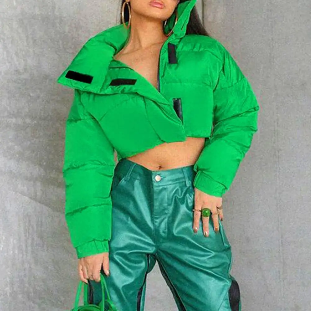 

Women Winter Jacket Fasten Tape Cardigan Green Lady Jacket Cozy Short Pattern Padded Thick Stand Collar Winter Down Coat