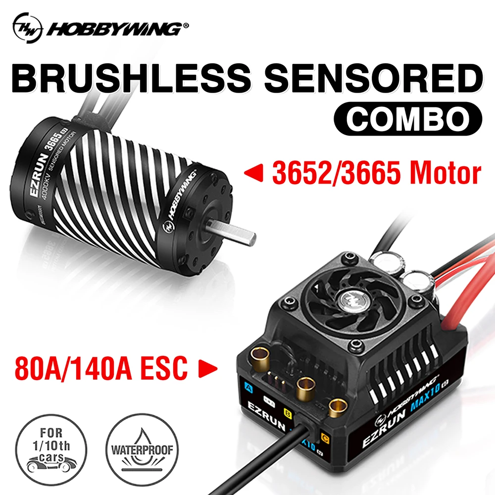 HobbyWing Brushless Motor 80A / 140A ESC Combo MAX10 G2 ESC 3652 3665 G3 Waterproof RC Motor For 1/10 Scale RC Monster Buggy Car