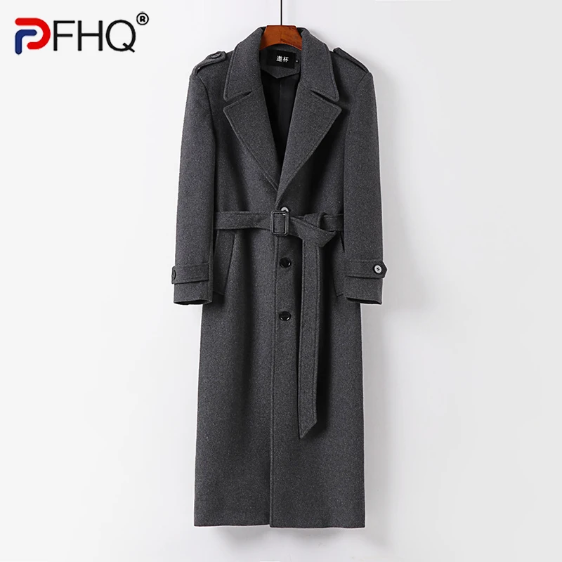 

PFHQ Wool Trench Coat Men's Knee Length Autumn Winter Handsome Heavy Industry Warm Avant-garde Solid Color Windbreakers 21Z2481