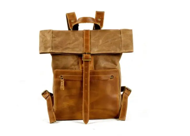 Simple Vintage Waxed Canvas Backpack Casual Backpack with Leather Bag Square Bag