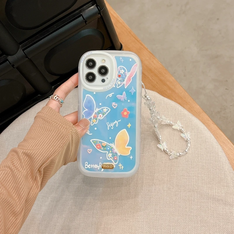 

Luxury Blu-ray Laser Flower Butterfly Bracelet Phone Case For iPhone 11 12 13 Pro Xs Max X Xr 7 8 Puls Shockproof Soft Cover