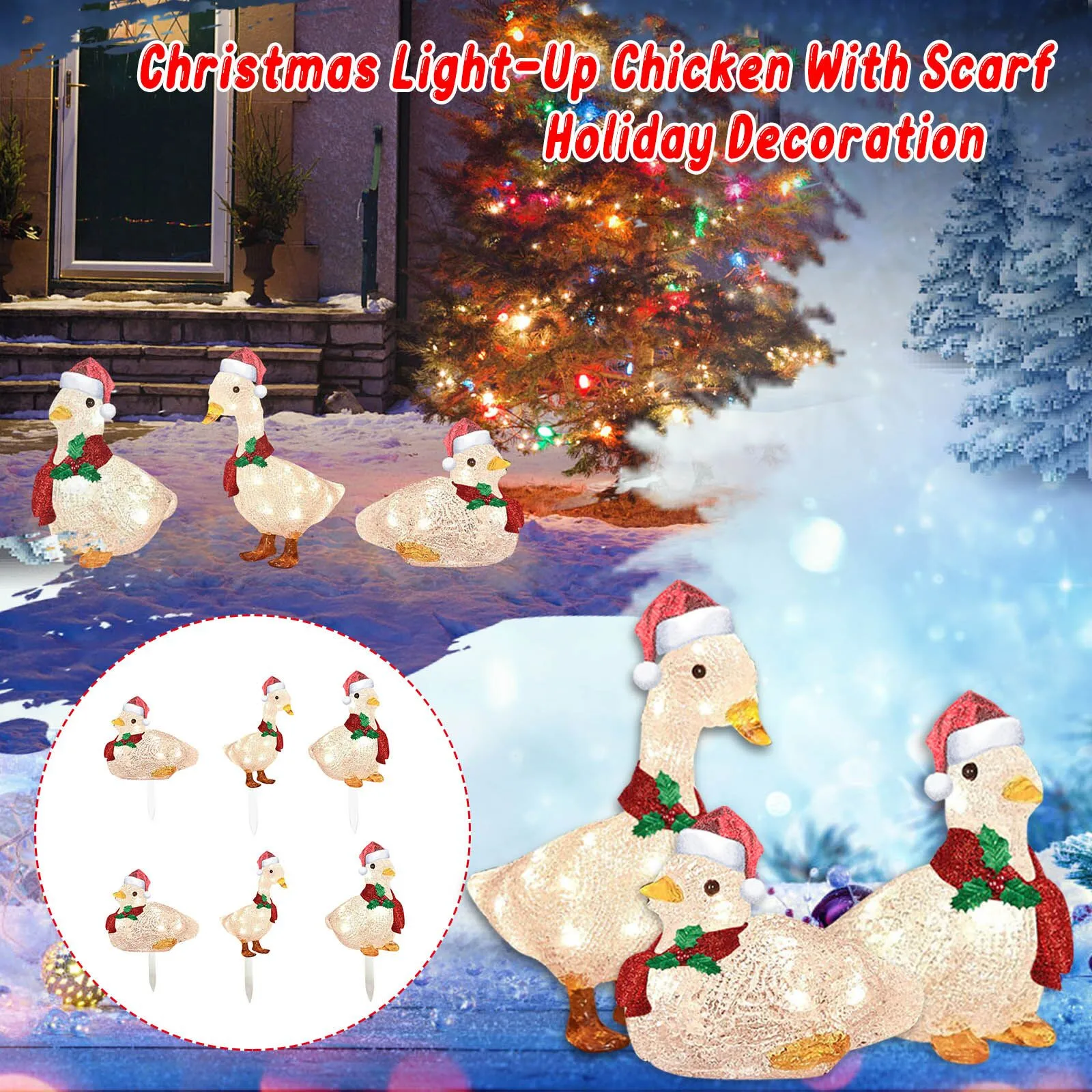 Decoration Figure Christmas Light-Up Ducklings Holiday Outdoor Scarf Of Iron 3pc Ornament for Christmas Trees Stork Ornament