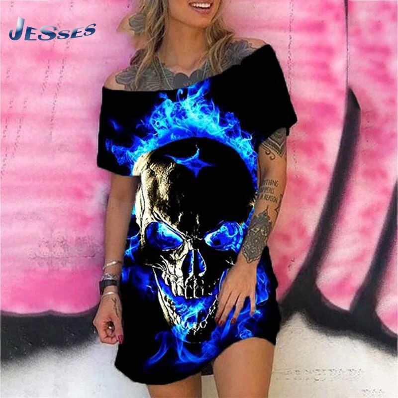 

One-Shoulder Neck Fashion Dress Ladies Print Skull A-line Dresses Large Sizes Loose Short Sleeved Vestidos Femme 3XL Streetwears