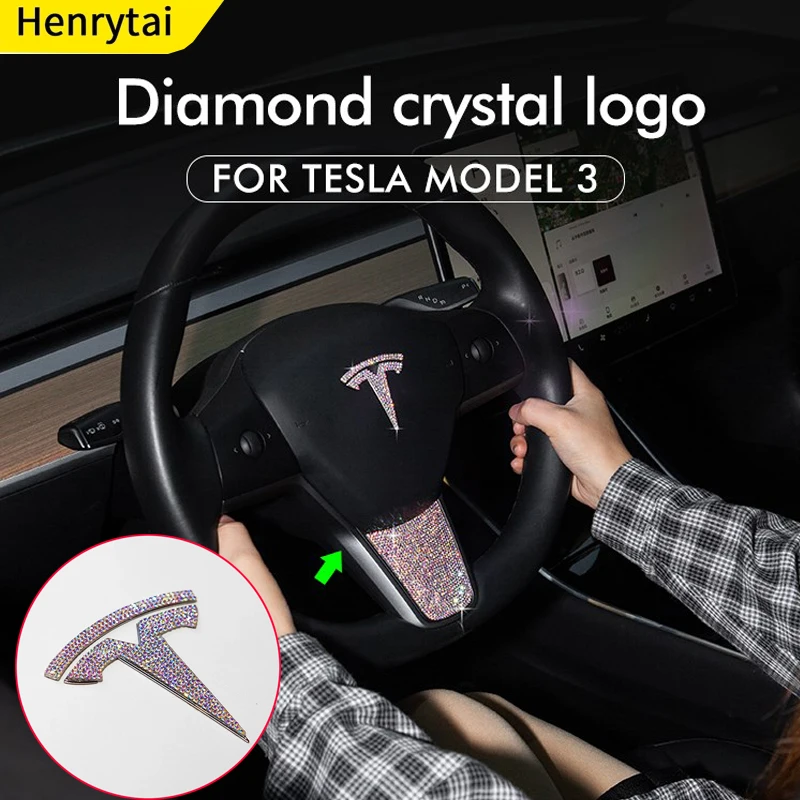

2021 Model3 Car Front Rear Logo For Tesla Model 3 S X Sticker Accessories Colorful Stone Steering Wheel For Model Three