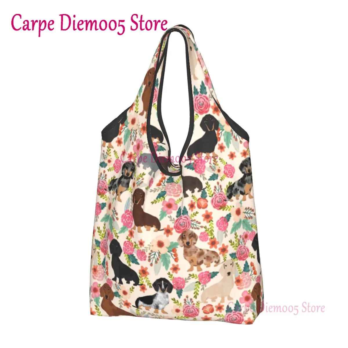 

Kawaii Print Dachshund Floral Dog Patterns Tote Shopping Bags Portable Shoulder Shopper Badger Sausage Handbag