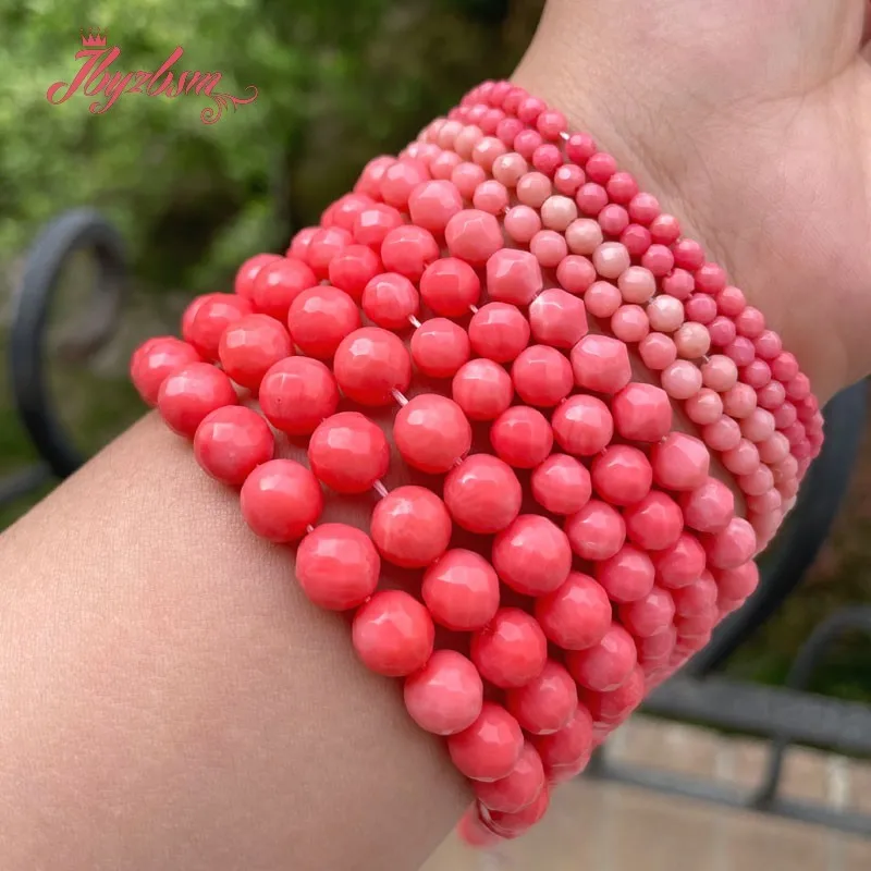 

2.3.4.6.8mm Round Faceted Pink Coral Stone Spacer Beads for DIY Necklace Bracelet Ring Earring Charms Jewelry Making Strand 15"