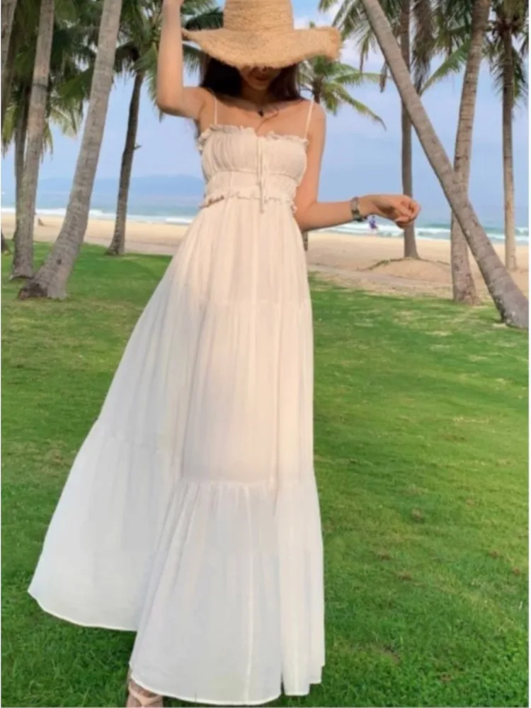 

Vintage Waist Hollow Out Dresses For Women 2023 Elegant Spaghetti Strap Female A Line Party Clothing New Pleated Vestidos Robe