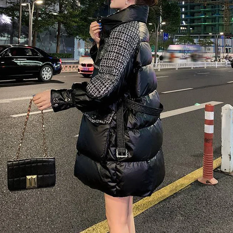 Mid-length Down Padded Jackets Female Plaid Stitching Thick Jacket Women's Winter Patchwork Coats with Large Pockets and Belts
