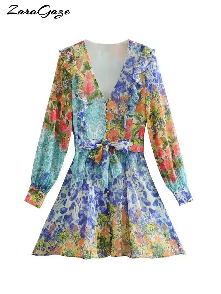 

Women V Neck Floral Print Dresses Patchwork Pleat Ruffles Mini Shirt Dress Female Chic Bow Sashes Vestidos Fashion Summer