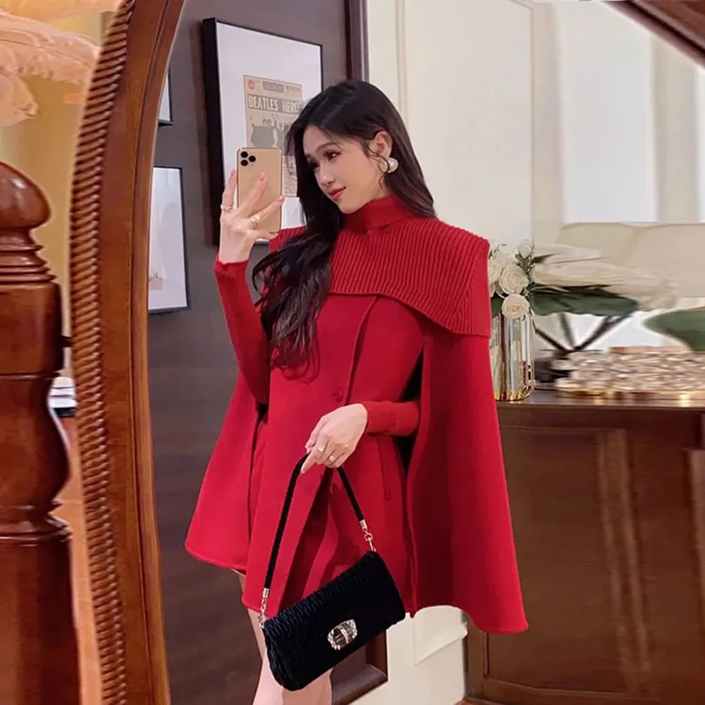 Женская шерстяная накидка-пончо, красная вязаная накидка во французском стиле, Корейская накидка-пончо, Осень-зима 2023